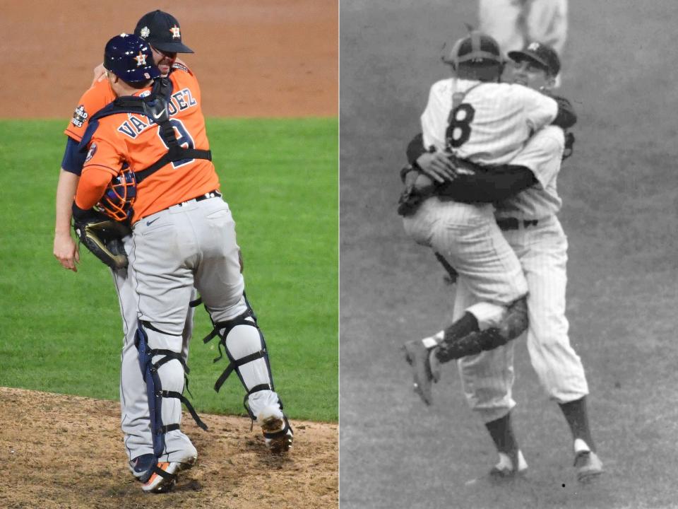 Christian Vazquez and Ryan Pressly celebrate in 2022; Yogi Berra and Don Larsen in 1956.