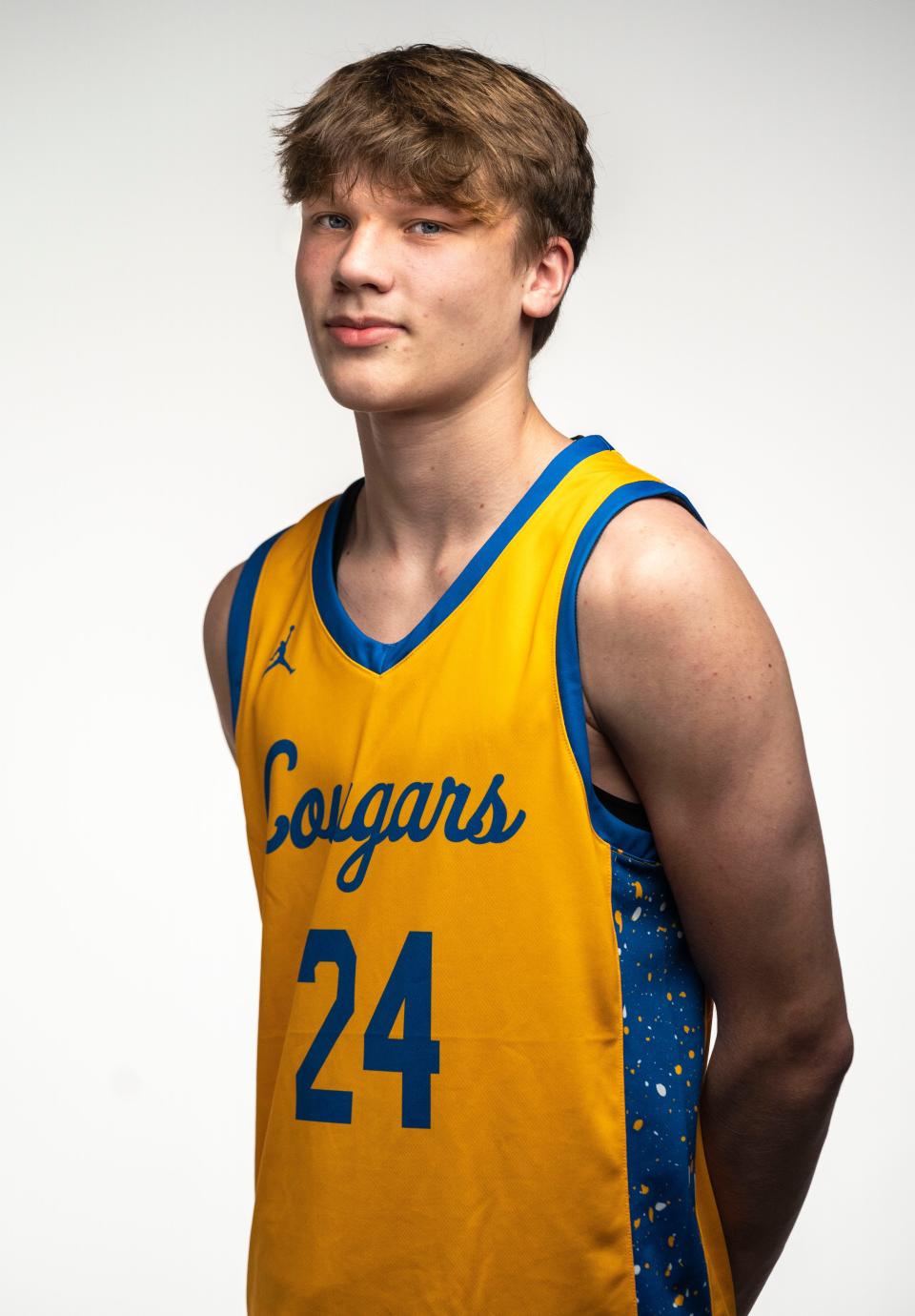 Greenfield-Central's Braylon Mullins (24) poses for a photo Tuesday, Oct. 10, 2023, at The Indianapolis Star.