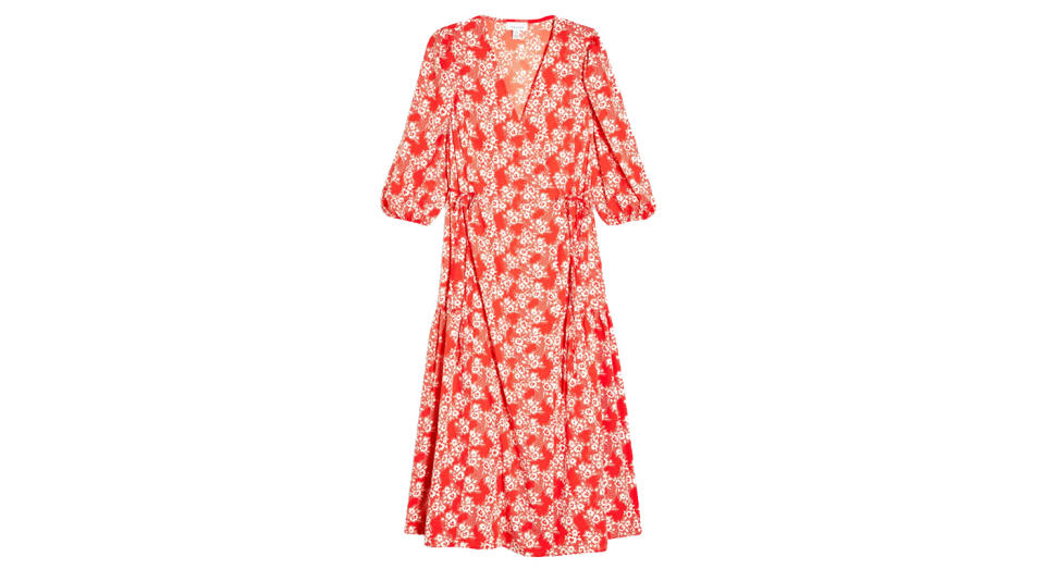 Red Floral Print Kimono Wrap Midi Dress 