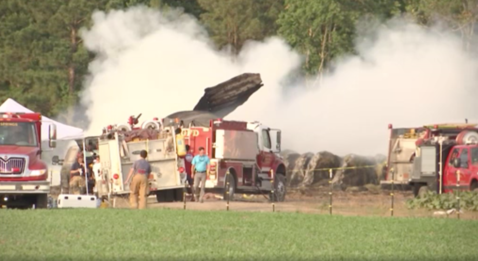 A brush fire ignited a structure housing commercial-grade fireworks in La Grange, North Carolina, on Friday, killing the owner and injuring three firefighters.  / Credit: WNCT