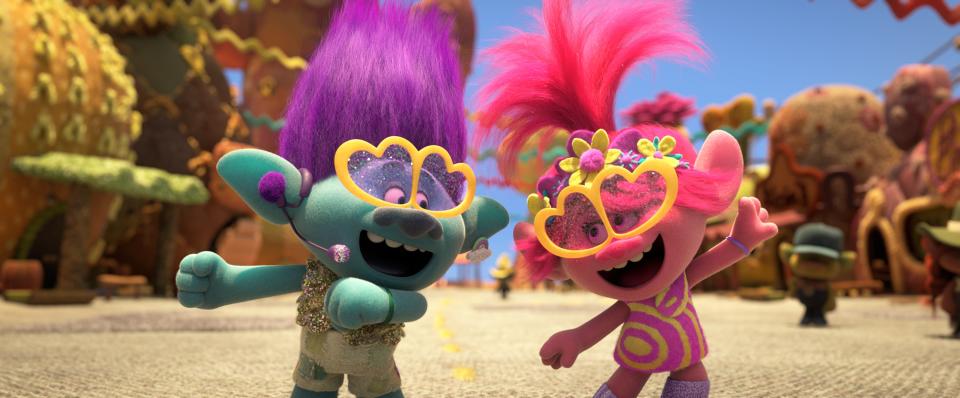 Branch (voiced by Justin Timberlake, left) and Poppy (Anna Kendrick) break out the glitter for a pop medley in "Trolls World Tour."