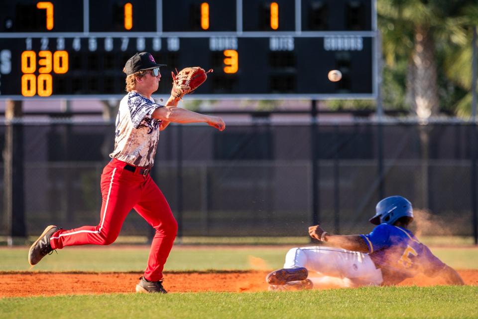 Vero Beach shortstop Ashton Wetmiller (22) throws the ball to first to turn a double play against Martin County in a high school baseball game at Vero Beach High School on Wednesday, April 17, 2024.