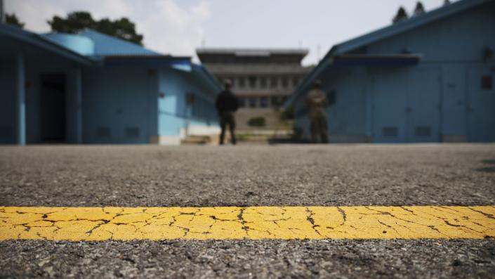 FILE - A general view shows the truce village of Panmunjom inside the Demilitarized Zone (DMZ) separating the two Koreas, South Korea July 19, 2022. An American crossed the heavily fortified border into South Korea to North Korea, the American—  headed the UN command overseeing the area, said Tuesday, July 18, 2023. (Kim Hong-Ji/Pool Photo via AP, File)