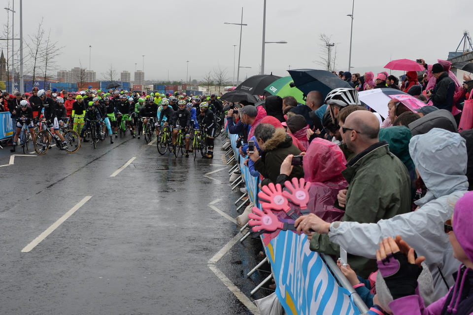 Cyclists pedal at the start of the second stage of the Giro d'Italia, Tour of Italy cycling race, from Belfast to Belfast, Northern Ireland, Saturday May 10, 2014. (AP Photo/Gian Mattia D'Alberto)