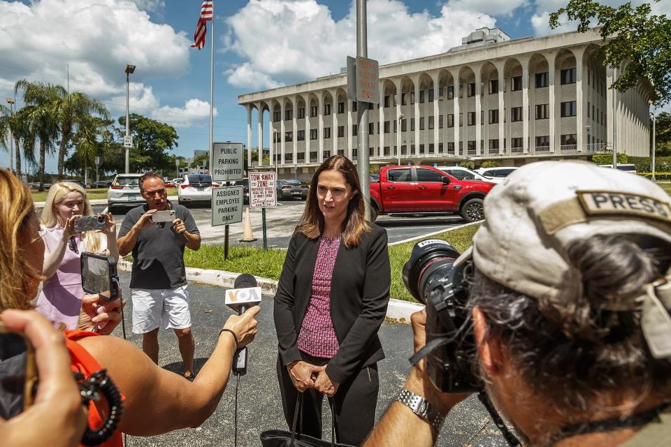 Attorney Deanna Shullman talks to the press outside the Paul G. Rogers Federal Building U.S. Courthouse in downtown West Palm Beach on August 18, 2022. Shullman represented the media at the federal courthouse for today's hearing on the Mar-a-Lago affidavit.