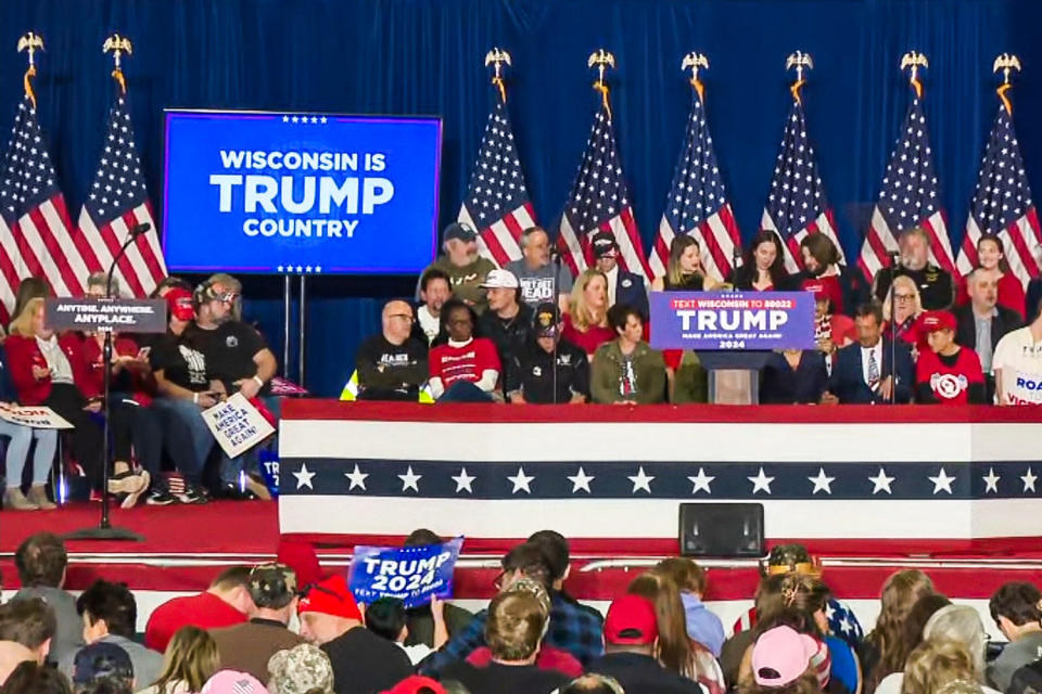 Empty lecterns onstage at the Hyatt Regency in Green Bay, Wisc., ahead of a campaign event on April 2, 2024.  (NBC News)