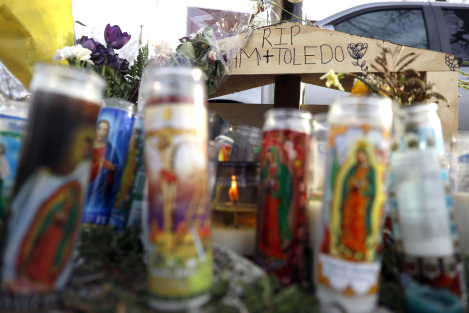 A make shift memorial was made by community members, Tuesday, April 6, 2021, in the memory 13-year-old Adam Toledo, who was shot by a Chicago Police officer at about 2 a.m. on March 29 in an alley west of the 2300 block of South Sawyer Avenue near Farragut Career Academy High School. (AP Photo/Shafkat Anowar)