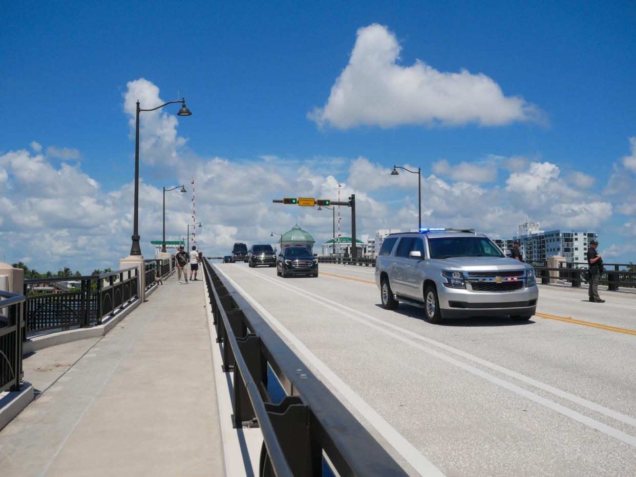 Israeli Prime Minister Benjamin Netanyahu's motorcade crosses the Southern Boulevard Bridge as he travels to meet with former President Donald Trump at Mar-a-Lago in Palm Beach on Friday, July 26.