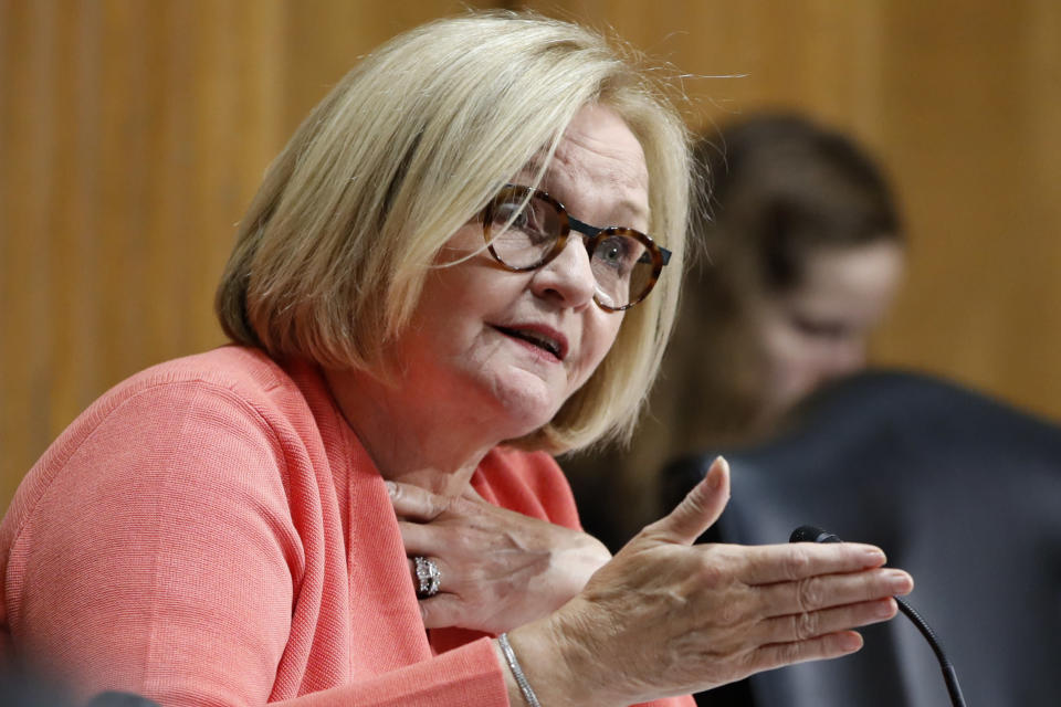 FILE - In this June 20, 2018, file photo, Sen. Claire McCaskill, D-Mo., asks a question during a Senate Finance Committee hearing on Capitol Hill in Washington. McCaskill's hopes of winning a third term in Republican-dominated Missouri could depend both on convincing voters she's sufficiently moderate and how voters feel about President Donald Trump, who is backing her presumptive Republican challenger. (AP Photo/Jacquelyn Martin, File)