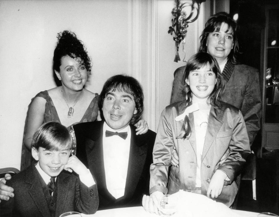 The young Nicholas Lloyd Webber with his father Andrew, mother Sarah Hugill (right), sister Imogen and his father's second wife Sarah Brightman at the Aspects of Love First Night Afterparty at the Waldorf Hotel London, 1989 - Alan Davidson/Shutterstock