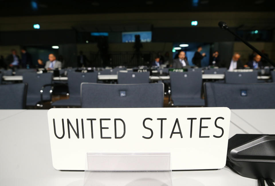 Empty seats of U.S. delegation are seen before the opening session of the COP23 UN Climate Change Conference 2017, hosted by Fiji but held in Bonn. (Photo: Wolfgang Rattay / Reuters)