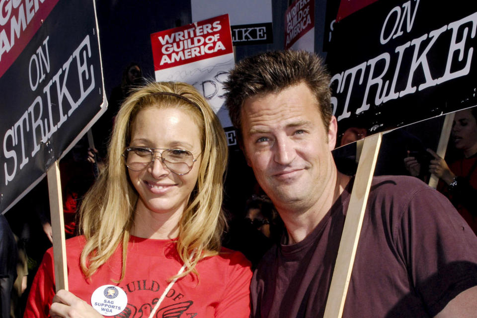 Image: Lisa Kudrow and Matthew Perry rally with the Screen Actors Guild at Universal Studios in Los Angeles in 2007. (Chris Pizzello / Reuters file)