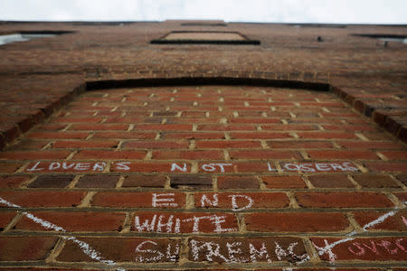 "End White Supremacy" is written at the site where Heather Heyer was killed during the 2017 white-nationalist rally in Charlottesville, Virginia, U.S., August 1, 2018. REUTERS/Brian Snyder