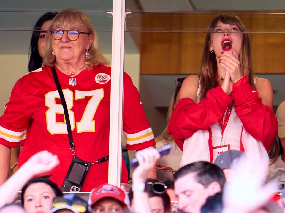 Taylor Swift cheers from a suite with Donna Kelce as the Kansas City Chiefs play the Chicago Bears during the first half at GEHA Field at Arrowhead Stadium on September 24, 2023 in Kansas City, Missouri. 