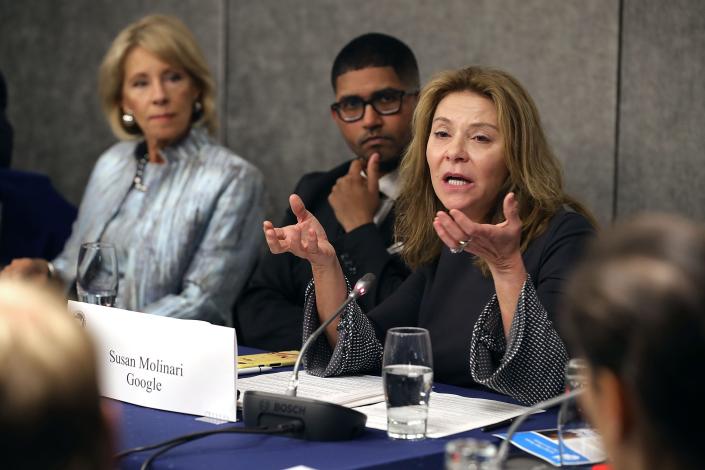 WASHINGTON, DC - JANUARY 25: Google Vice President for Public Policy and former congresswoman Susan Molinari (R) participates in an education round table with U.S. Education Secretary Betsy DeVos (L) and Vikrum Aiyer of Postmates during the U.S. Conference of Mayors 86th annual Winter Meeting at the Capitol Hilton January 25, 2018 in Washington, DC.