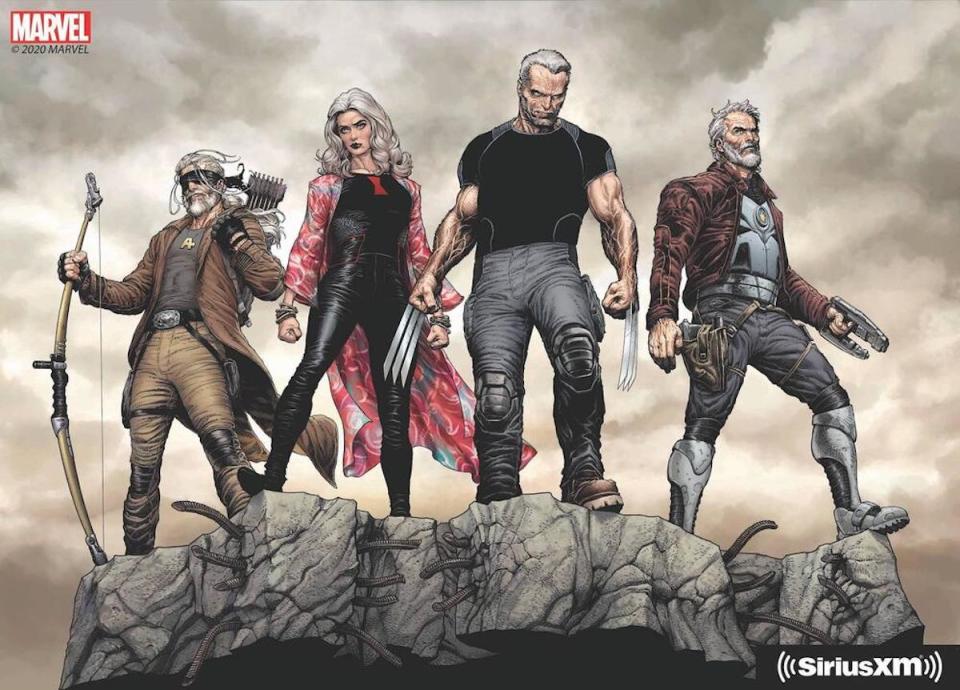 A drawing of old, gray versions of Hawkeye, Black Widow, Wolverine, and Star-Lord standing on a rock in Marvel's Wastelanders
