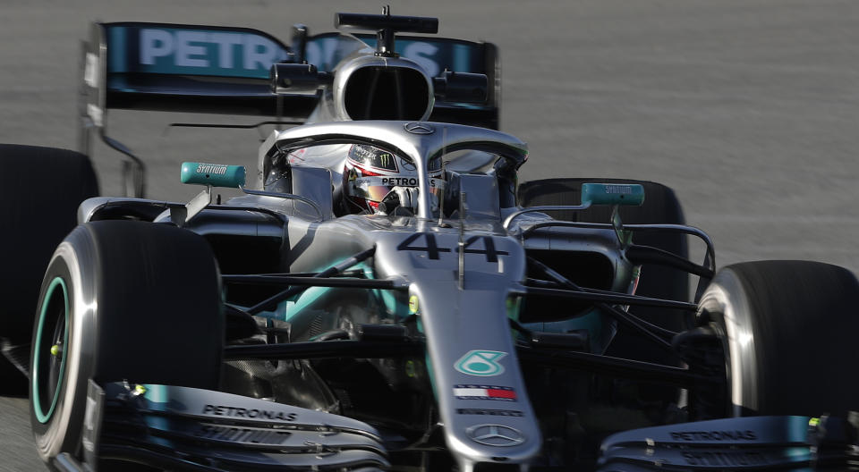 Mercedes driver Lewis Hamilton of Britain steers his car during a Formula One pre-season testing session at the Barcelona Catalunya racetrack in Montmelo, outside Barcelona, Spain, Monday, Feb.18, 2019. (AP Photo/Manu Fernandez)