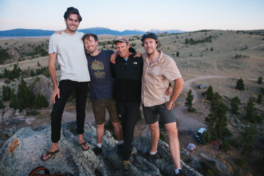 Director Max Lowe (in blue shirt) with (L-R) his brother Isaac Lowe-Anker, step-father Conrad Anker, and and brother Sam Lowe-Anker