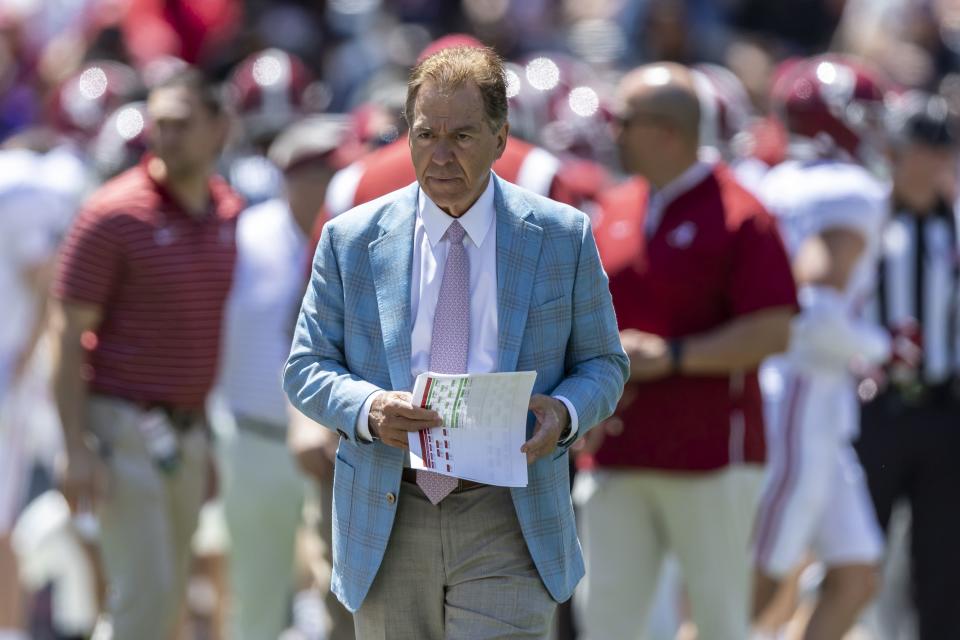 Alabama head coach Nick Saban paces as his team warms up before Alabama’s A-Day scrimmage, Saturday, April 22, 2023, in Tuscaloosa, Ala. One of the things that impressed Matt Rhea the most during his time with the Crimson Tide was Saban’s relentless attention to detail. | Vasha Hunt, Associated Press