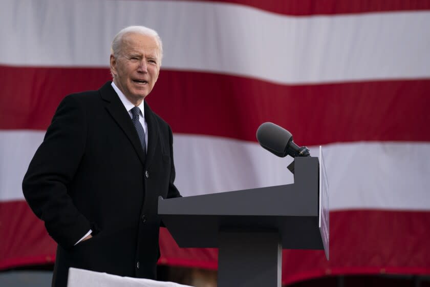 President-elect Joe Biden speaks at the Major Joseph R. "Beau" Biden III National Guard/Reserve Center, Tuesday, Jan. 19, 2021, in New Castle, Del. (AP Photo/Evan Vucci)