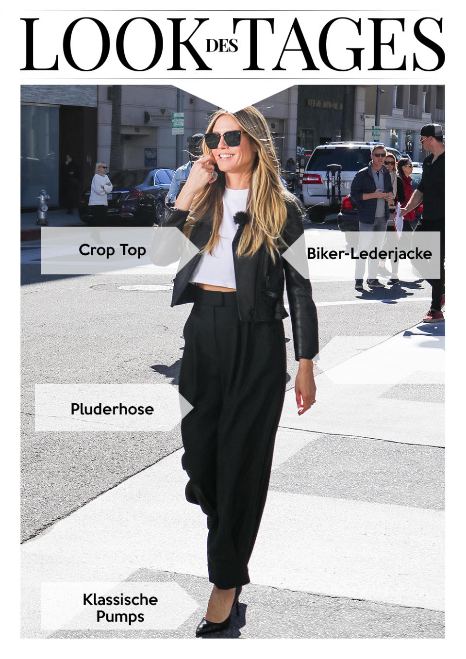 In Pluderhose, Pumps und Bikerjacke zelebriert Topmodel Heidi Klum gekonnt den Stilbruch. (Bild: Splash News)