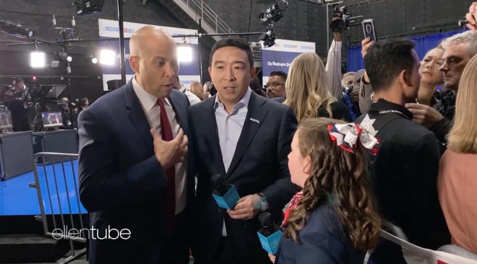 From left: Sen. Cory Booker and Andrew Yang with Macey Hensley | ellentube