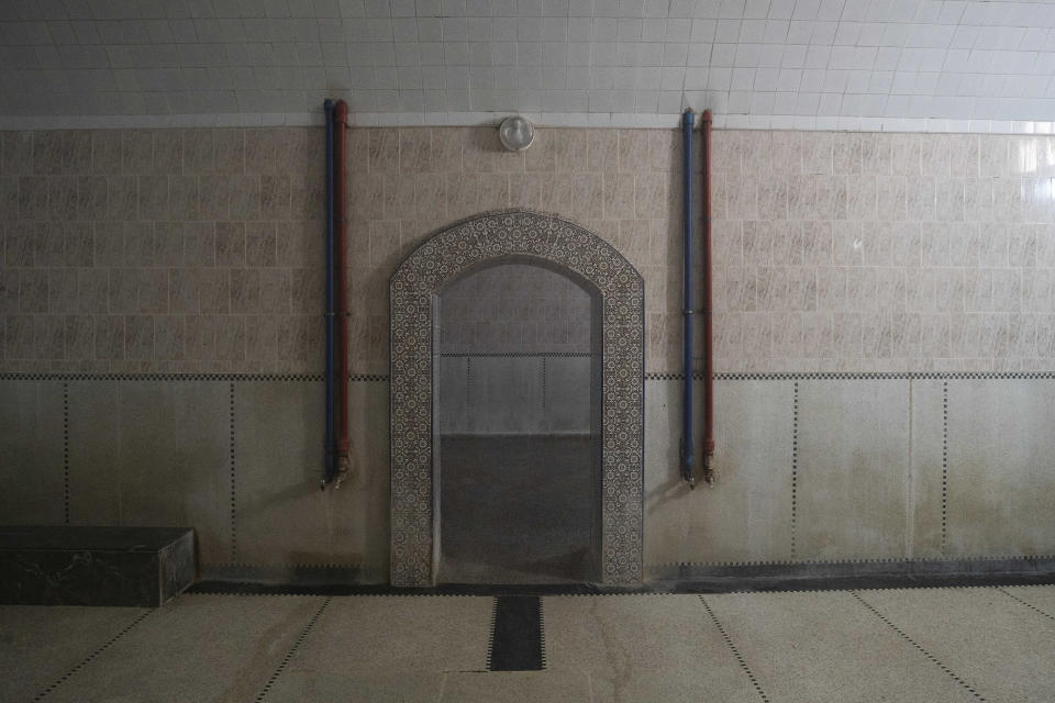 A Moroccan traditional bath, known as hammam, is empty of customers, in Rabat, Morocco, Monday, March 4, 2024. Climate change and a yearslong drought have forced Morocco's famous public baths to close a few days a week in an effort to save water. (AP Photo/Mosa'ab Elshamy)