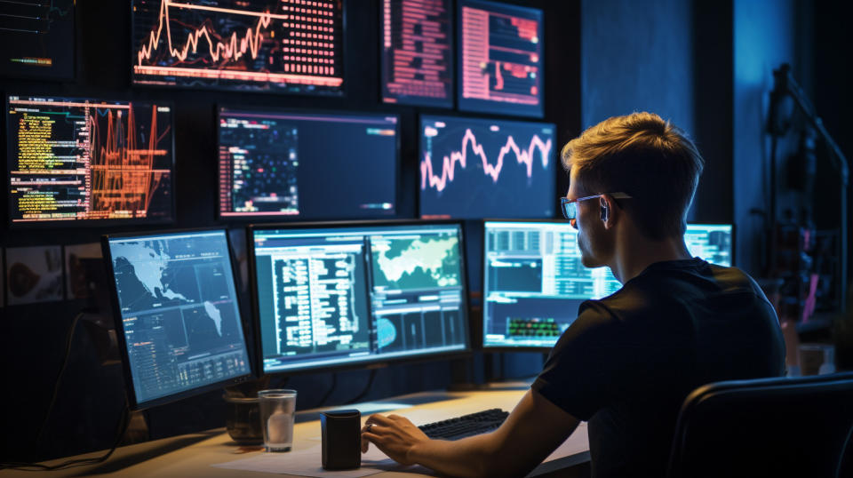 A customer data analyst working at a computer, surrounded by monitors displaying live sports data.