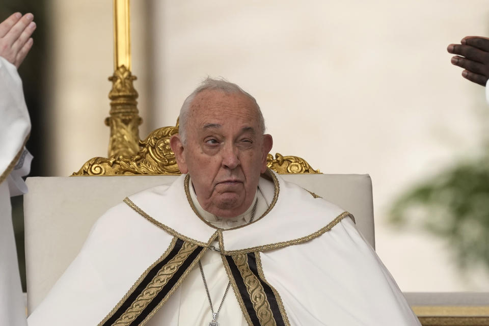 Pope Francis celebrates Easter mass in St. Peter's Square at the Vatican, Sunday, March 31, 2024. (AP Photo/Andrew Medichini)