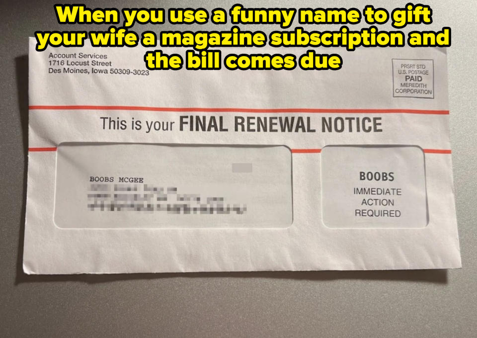 Envelope showing a final renewal notice for Boobs McGee, requiring immediate action. Addressed from Meredith Corporation, Des Moines, Iowa