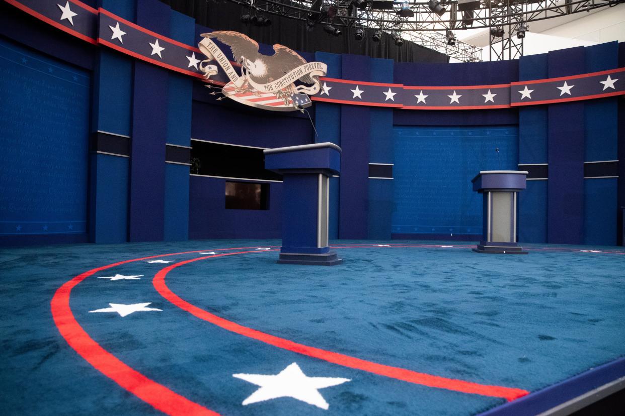 The stage is prepared for the first 2020 presidential debate in Cleveland, Ohio. (EPA)