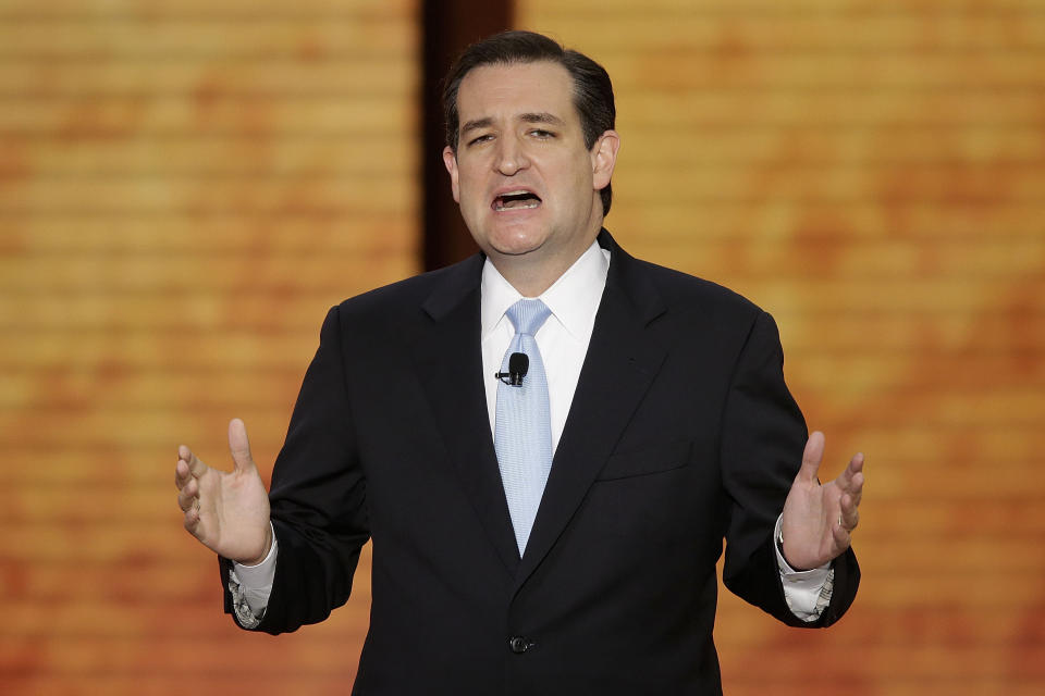Sen. Ted Cruz of (R-Texas) addresses the Republican National Convention in Tampa, Fla., on Tuesday, Aug. 28, 2012. (AP Photo/J. Scott Applewhite)