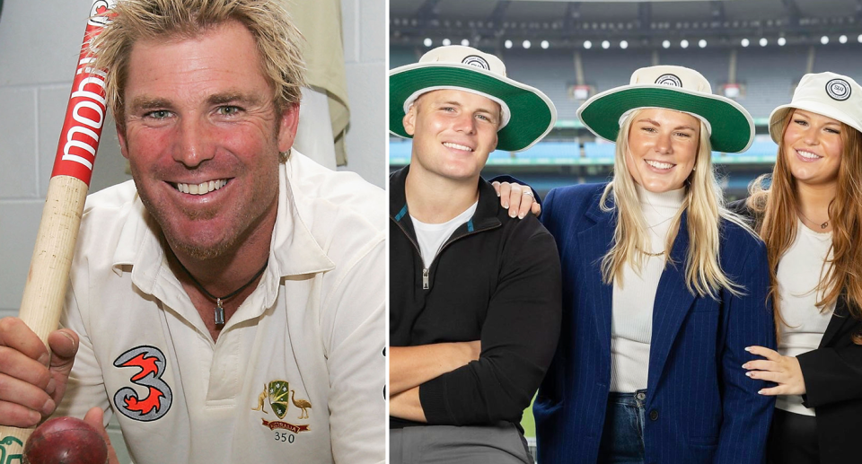 Pictured Shane Warne left and his three kids right