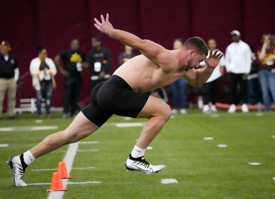 Linebacker Kyle Soelle is timed on the 40-yard run during Pro Day on March 27, 2023, at ASU in Tempe, Ariz.