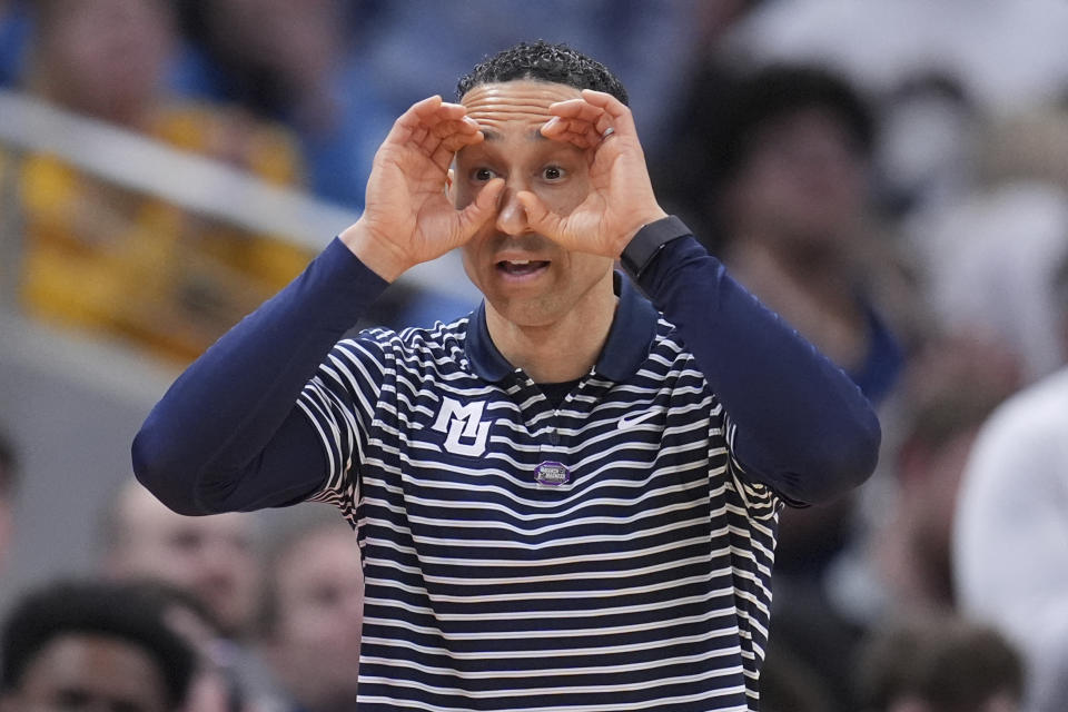 Marquette head coach Shaka Smart is seen on the sidelines during the second half of a second-round college basketball game against Colorado in the NCAA Tournament, Sunday, March 24, 2024 in Indianapolis. (AP Photo/Michael Conroy)