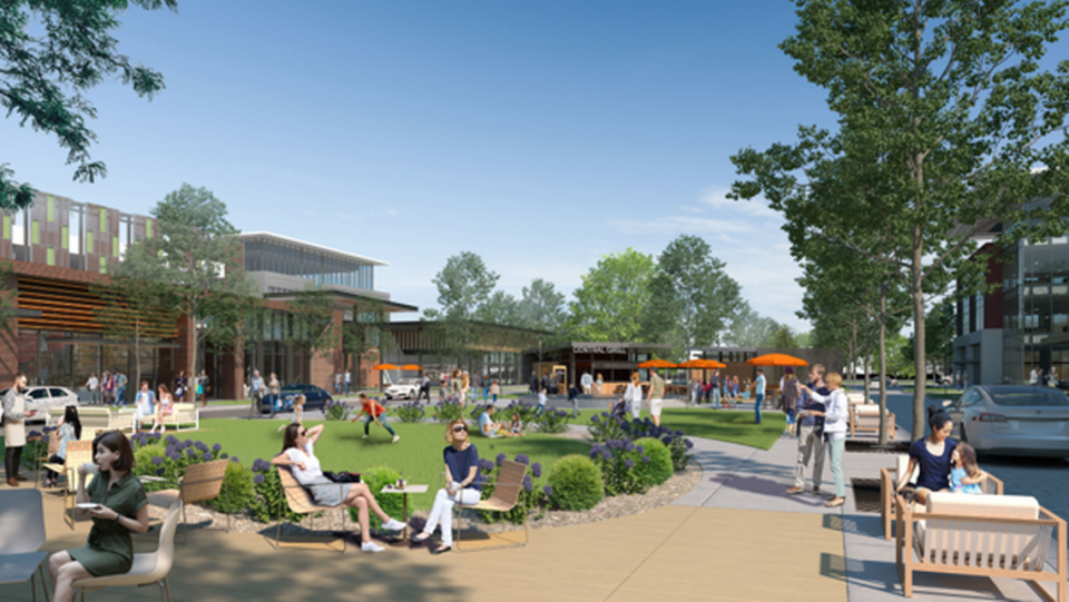 A rendering image of Project Elevate’s half-acre village park and its retail, dining and entertainment scene.