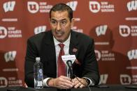 Luke Fickell speaks after being introduced as Wisconsin's new head football coach Monday, Nov. 28, 2022, in Madison, Wis. (AP Photo/Morry Gash)