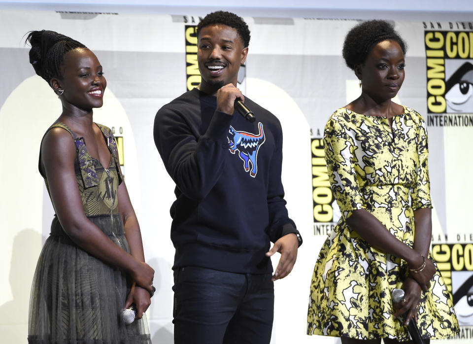 Lupita Nyong'o, from left, Michael B. Jordan and Danai Gurira attend the "Black Panther" panel on day 3 of Comic-Con International on Saturday, July 23, 2016, in San Diego. (Photo by Chris Pizzello/Invision/AP)