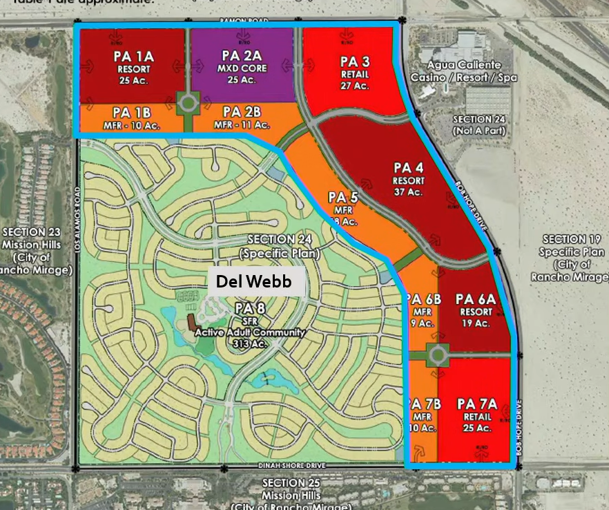 A map from a city presentation shows plans for a large parcel of land within the Agua Caliente Band of Cahuilla Indians reservation that could soon be annexed by Rancho Mirage. No specific development has been proposed so far for the land, which borders Del Webb Rancho Mirage.