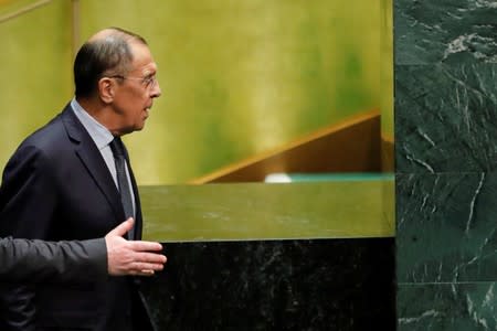 Russian Foreign Minister Sergey Lavrov walks to address the 74th session of the United Nations General Assembly at U.N. headquarters in New York