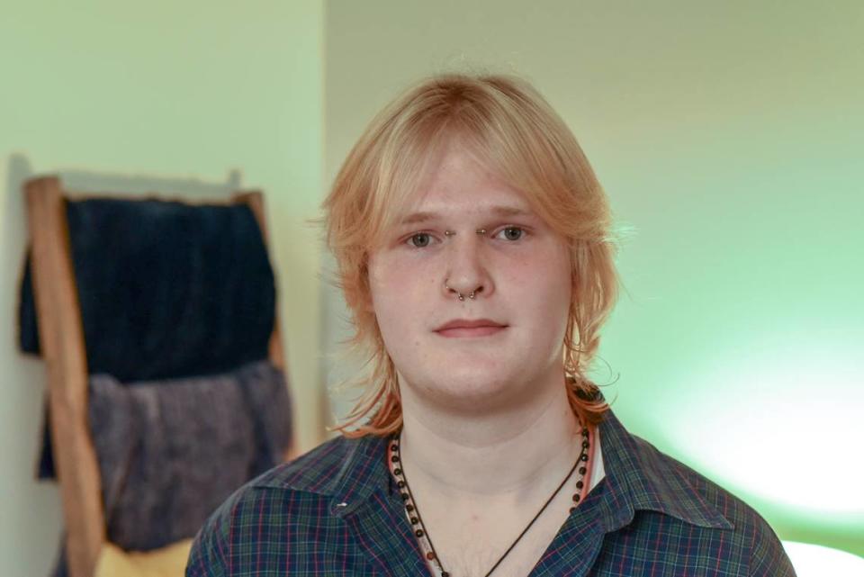 Dylan Krebs, 17, stands in his new home in Pineville on Wednesday, Nov. 8, 2023. After learning their son was addicted to fentanyl-filled pills, his parents moved from their Cornelius home – away from Hough High and closer to Krebs’ new school: Emerald, the only recovery high school in the area.