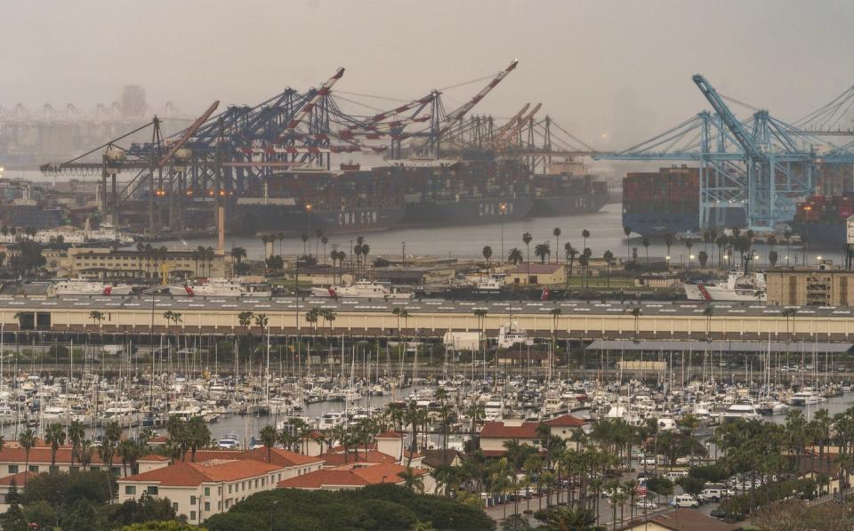 A large port on a hazy day.