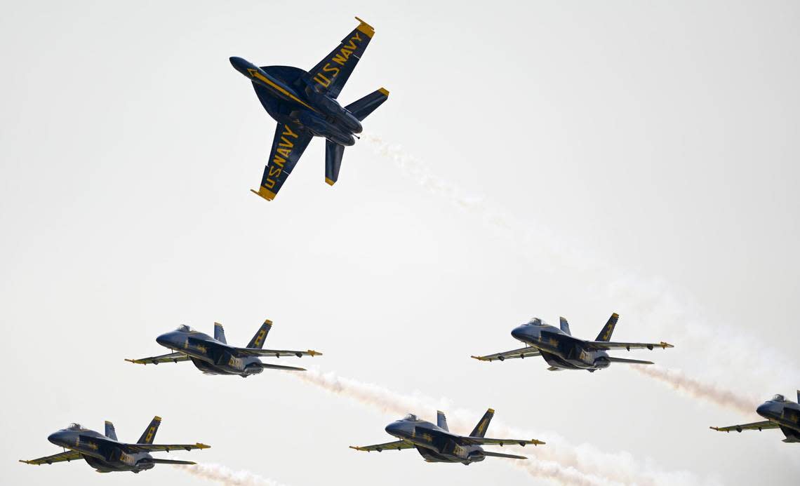 The U.S. Navy Blue Angels arrived on Thursday for the Garmin KC Air Show being held Saturday and Sunday at the New Century AirCenter in Gardner, Kansas.