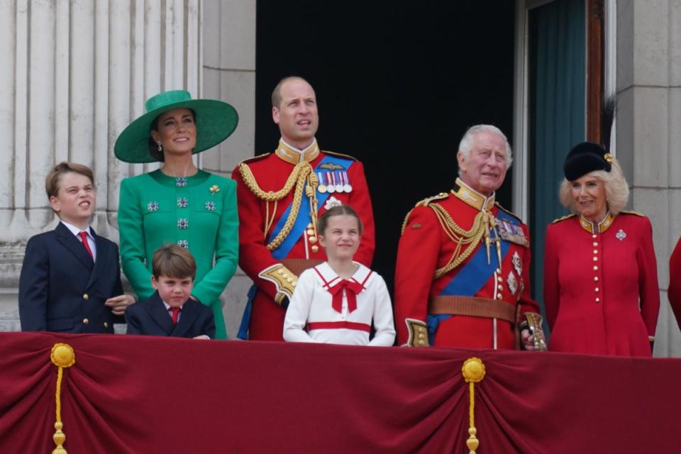 Prince George, the Princess of Wales, Prince Louis, the Prince of Wales, Princess Charlotte, King Charles and Queen Camilla on the balcony of Buckingham Palace (PA Wire)