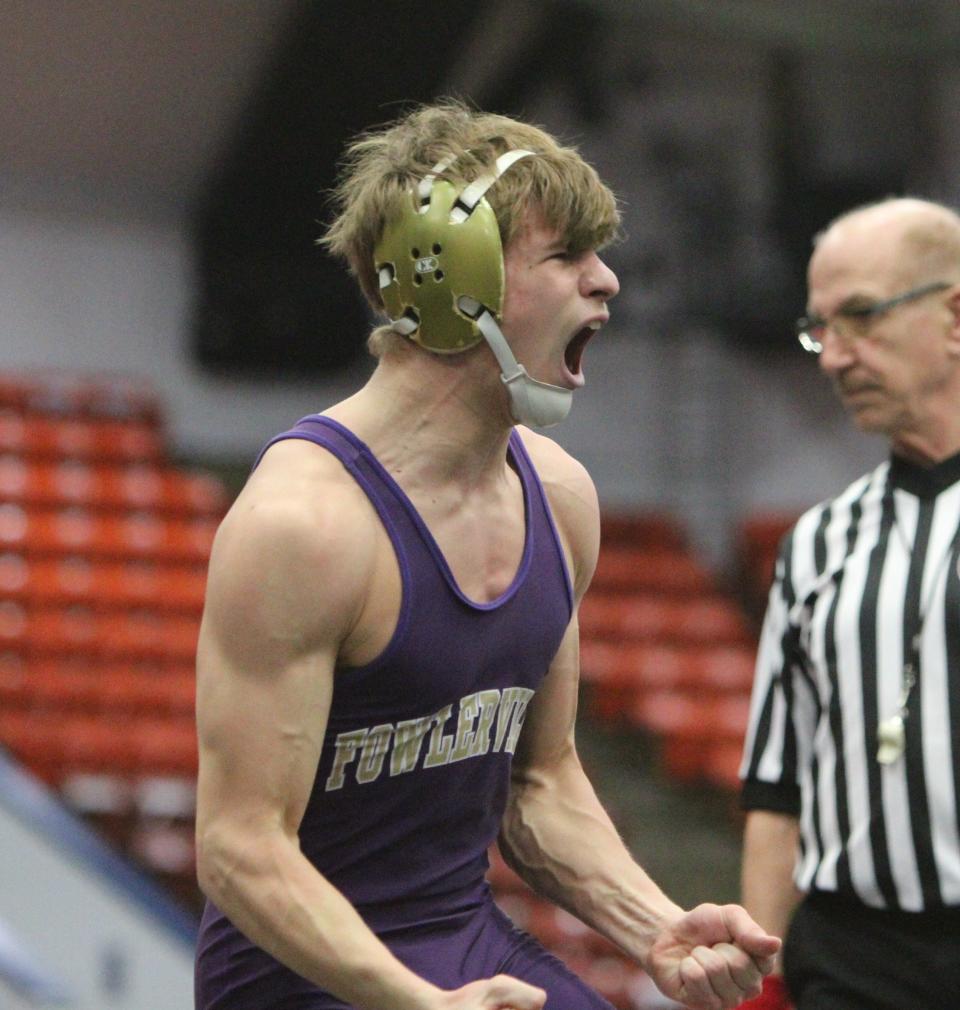 Fowlerville's Dalton Daniel reacts after getting a pin at 138 pounds in the state Division 2 quarterfinals Friday, Feb. 24, 2023 at Wings Event Center.