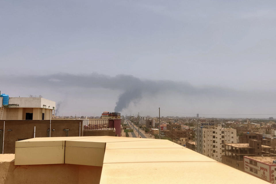 Smoke rises on the horizon in an area east of Khartoum, Sudan, as fighting continues between Sudan's army and paramilitary forces despite a fragile ceasefire, April 28, 2023. / Credit: AFP/Getty