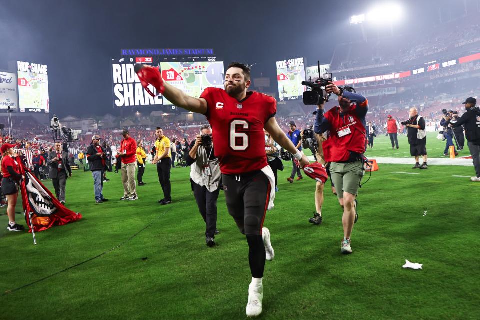 Tampa Bay Buccaneers quarterback Baker Mayfield (6) reacts after a victory against the Philadelphia Eagles in a 2024 NFC wild card game at Raymond James Stadium.