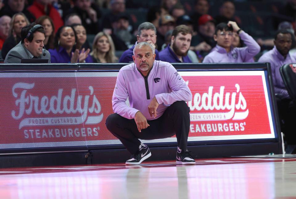 Kansas State basketball coach Jerome Tang looks on during a game on Jan. 27 this year against Houston in Houston.