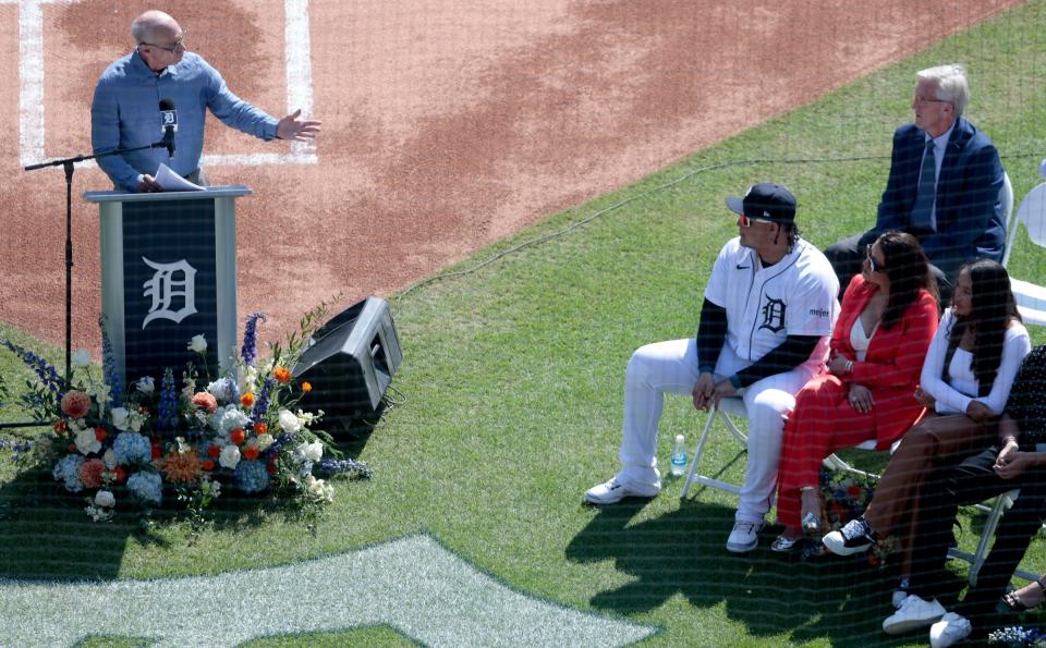 Detroit Tigers Hall of Famer Alan Trammell was one of the speakers honoring Miguel Cabrera and his Detroit Tigers career during the pregame ceremony before his next-to-last game at Comerica Park in Detroit on Saturday, Sept. 30, 2023.