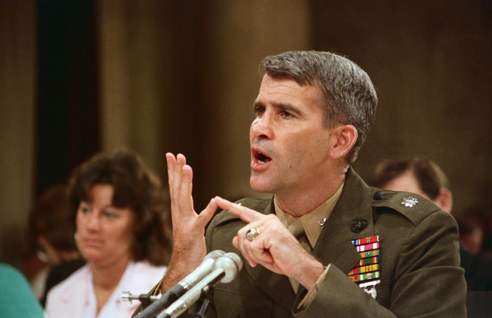 North, during his public testimony before the Iran-Contra committee, said he assumed President Ronald Reagan approved the diversion of Iran arms-sales profits to Nicaraguan rebels. (Photo: Bettmann via Getty Images)